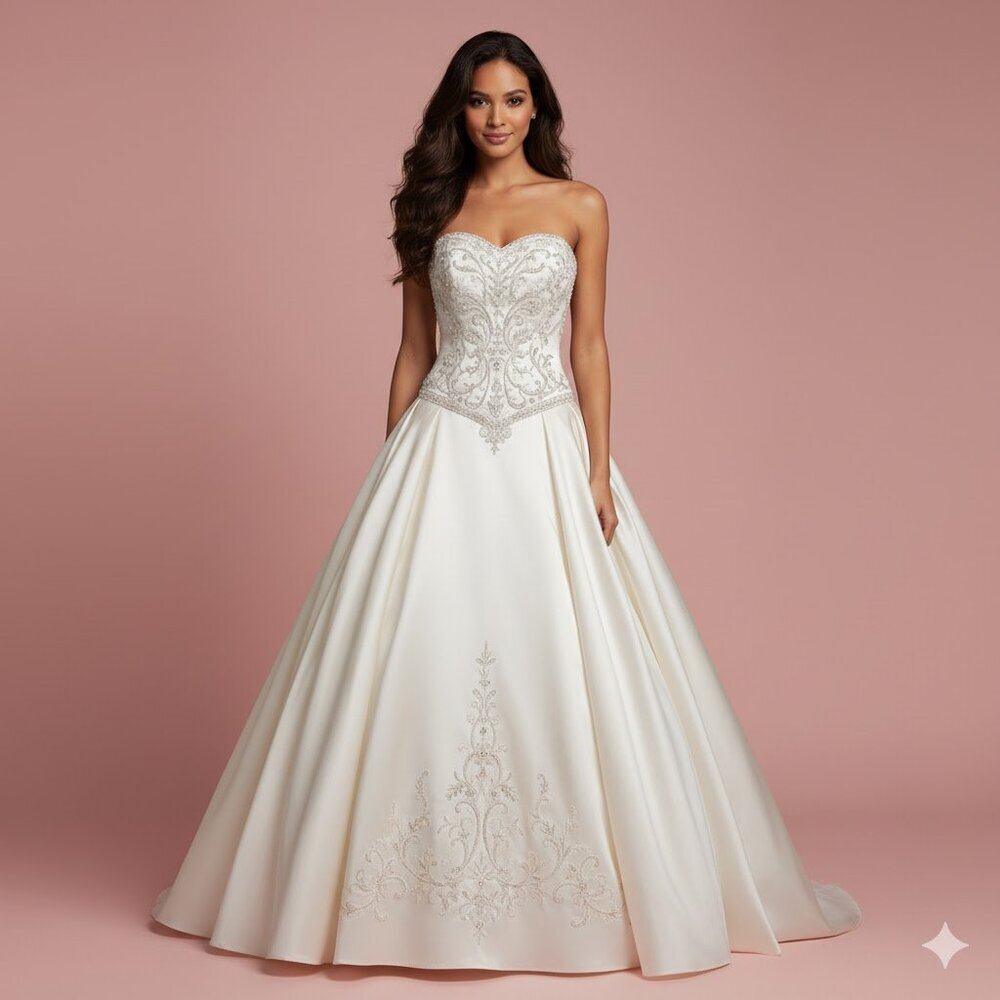 Bonny Bridal Elegant Strapless  Wedding Gown with Silver Embroidery NWT